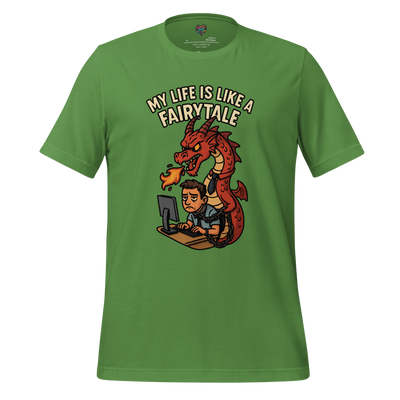 Cartoon man chained to office desk while fire-breathing dragon boss looms behind in necktie — funny burnout fairytale illustration leaf green t-shirt