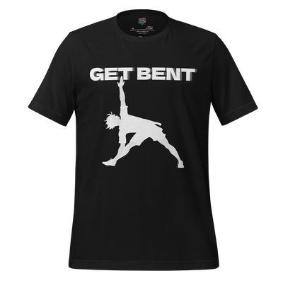 Funny yoga-themed design with text “Get Bent” and a flexible figure mid-stretch — playful pun for bendy people with attitude