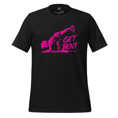 Street art–style yoga shirt with bold text “Get Bent” — perfect for flexible weirdos, unhinged zen seekers, and sarcastic savasana vibes
