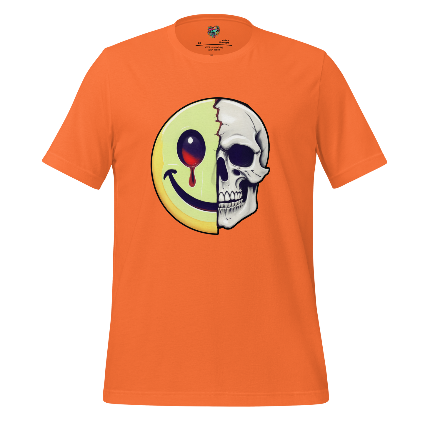 Grinning skull blended with a classic smiley face — creepy-cute Halloween design for the cheerfully dead inside
