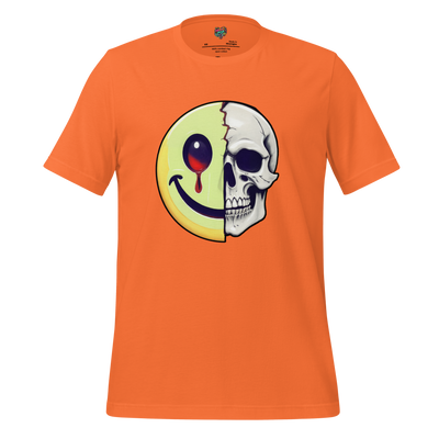 Grinning skull blended with a classic smiley face — creepy-cute Halloween design for the cheerfully dead inside
