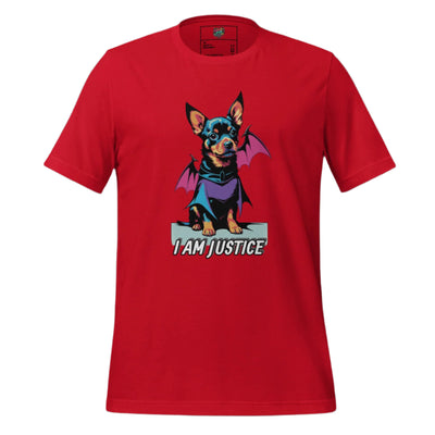 Cartoon dog in bat ears and cape posing heroically with text “I Am Justice” — funny superhero parody featuring Batman’s loyal pup
