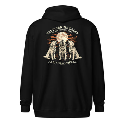 The Lycanine Order of the Midnight Hunt Shirt – Funny Werewolf Dog Cult Tee, Halloween Gothic Pet Humor Zip Up Hoodie