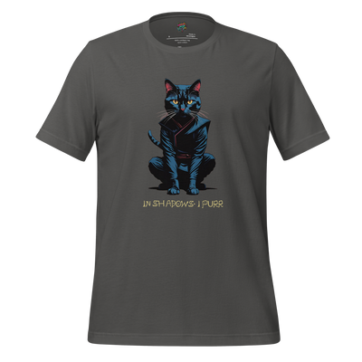 Black cat with glowing eyes crouched in shadow with text “In Shadows I Purr” — spooky and elegant feline design with gothic humor