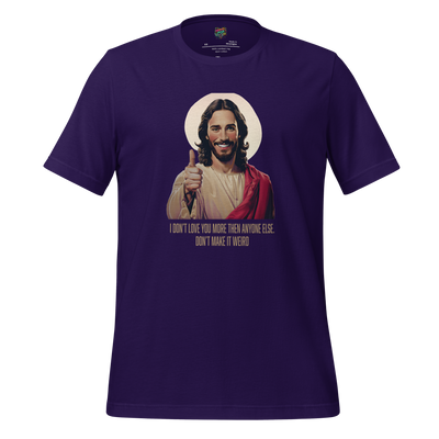 Bold text reading “Jesus Don’t Make It Weird” with subtle religious flair — irreverent design for spiritual rebels with a sense of humor
