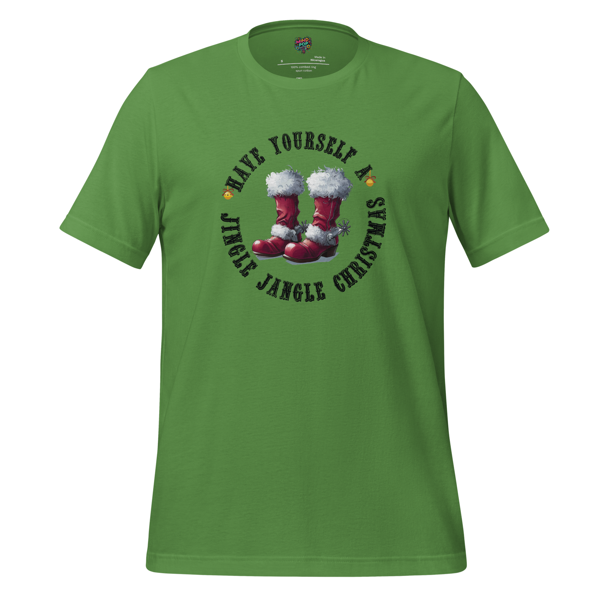 Santa’s boots with shiny cowboy spurs and festive text “Have Yourself a Jingle Jangle Christmas” — Western holiday mashup with twang and cheer
