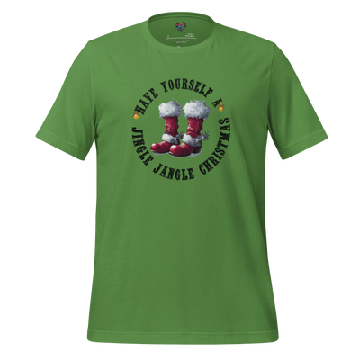 Santa’s boots with shiny cowboy spurs and festive text “Have Yourself a Jingle Jangle Christmas” — Western holiday mashup with twang and cheer
