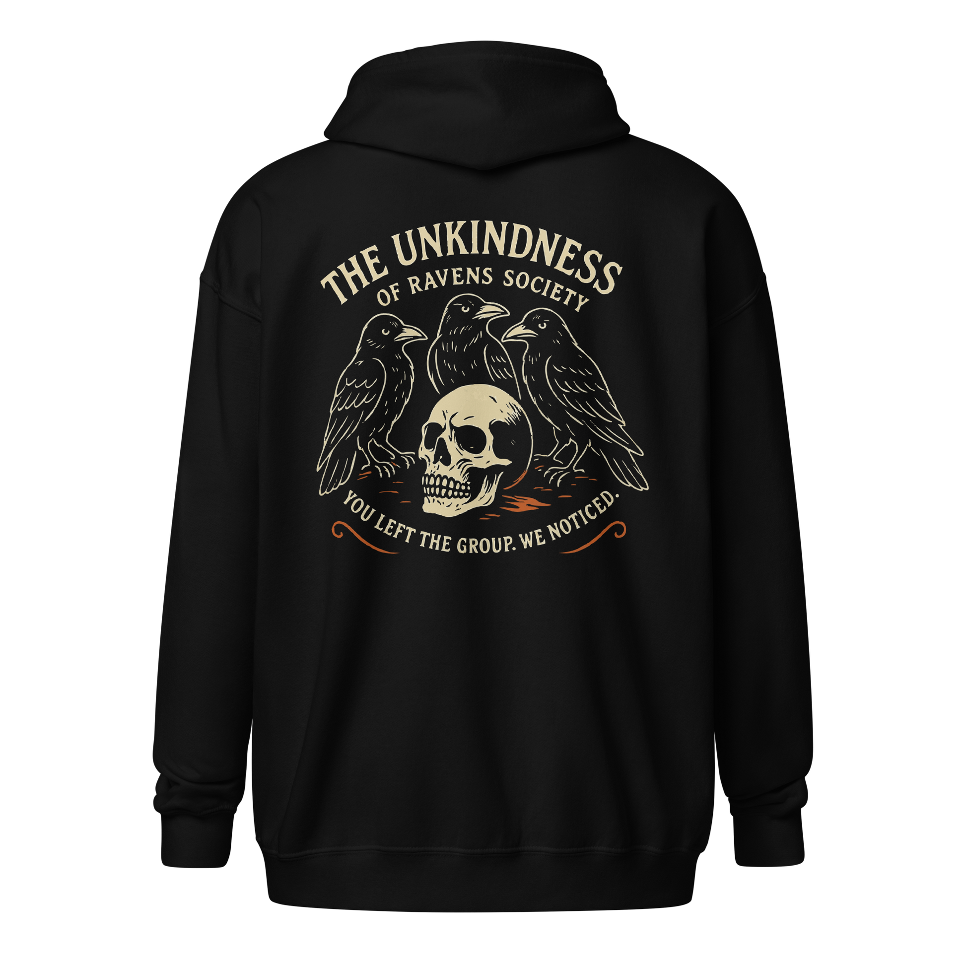 Zip-up hoodie with “The Kindness of Raven” design featuring a dark, mystical raven motif—perfect for poetic brooding and stylish shadows