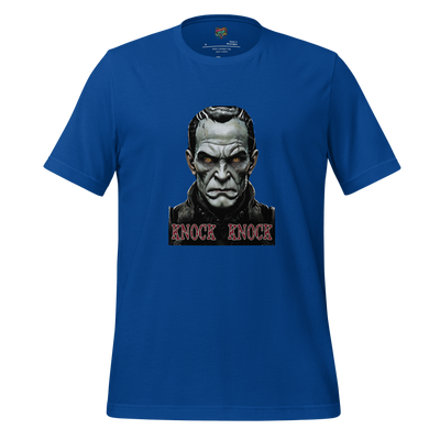 Cartoon Frankenstein’s monster awkwardly knocking on a door with confused expression — spooky-cute Halloween humor with classic monster vibes
