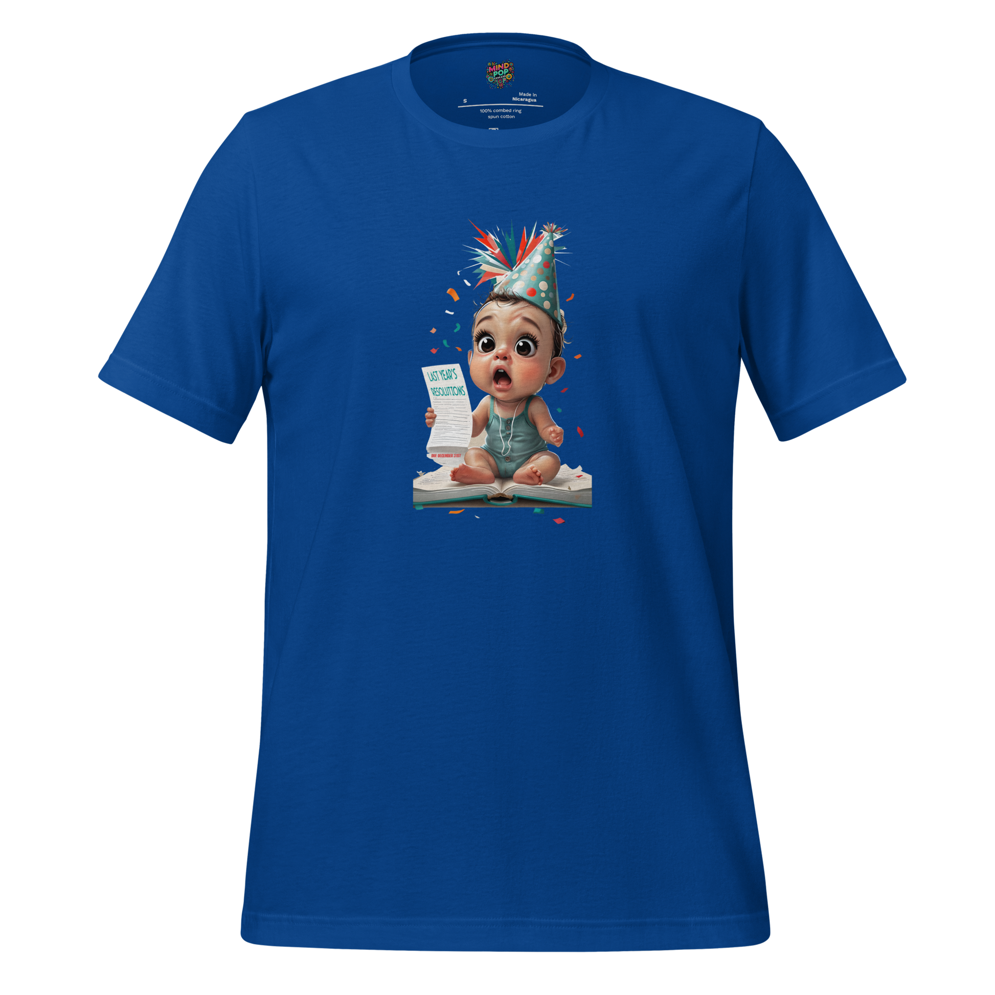 Crying cartoon baby holding a list of last year’s resolutions — funny New Year shirt for procrastinators and goal-setting failures
