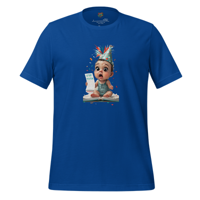 Crying cartoon baby holding a list of last year’s resolutions — funny New Year shirt for procrastinators and goal-setting failures
