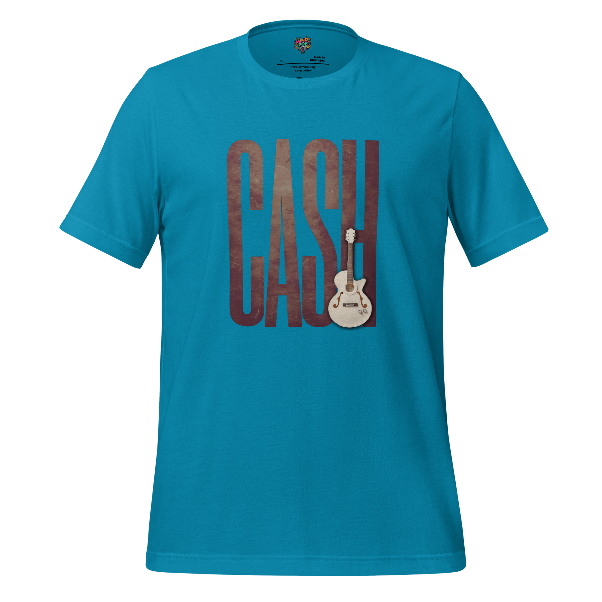 Text tribute to Johnny Cash with faux leather texture, bold “Man in Black” lettering, and a white country guitar — rugged country music homage
