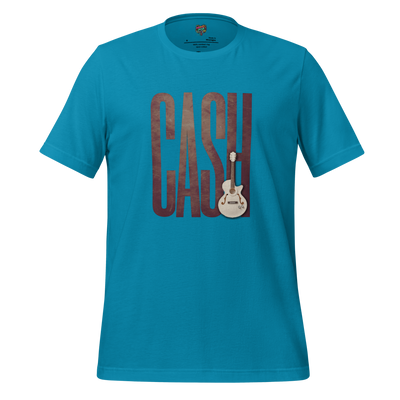 Text tribute to Johnny Cash with faux leather texture, bold “Man in Black” lettering, and a white country guitar — rugged country music homage
