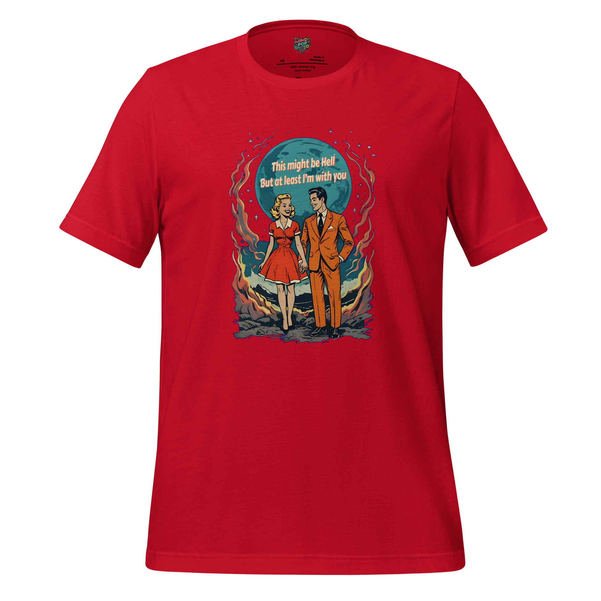 Smiling 1950s-style couple surrounded by flames with text “Love Is Hell” — darkly romantic retro design for those who burn together
