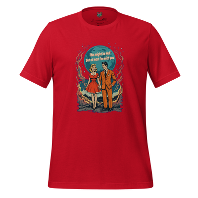 Smiling 1950s-style couple surrounded by flames with text “Love Is Hell” — darkly romantic retro design for those who burn together
