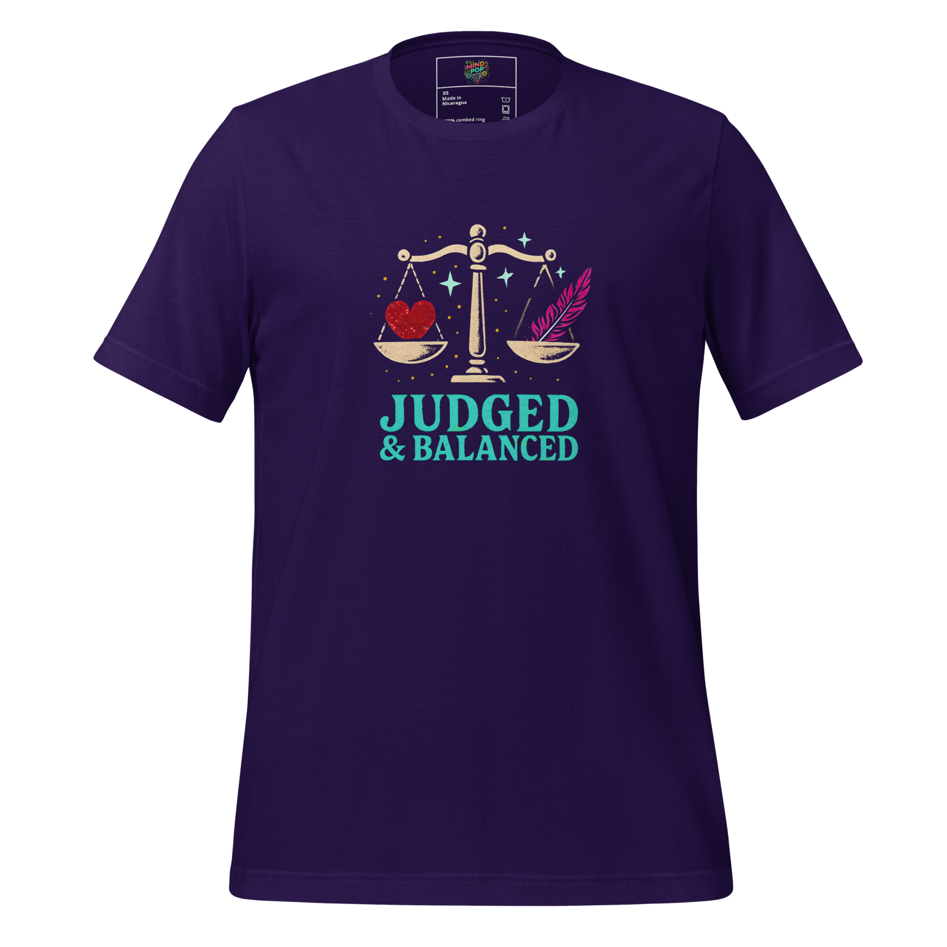 Egyptian-inspired shirt featuring a stylized feather of Ma’at and the phrase “Judged and Balanced” — funny yet spiritual tee for truth seekers and accountability queens