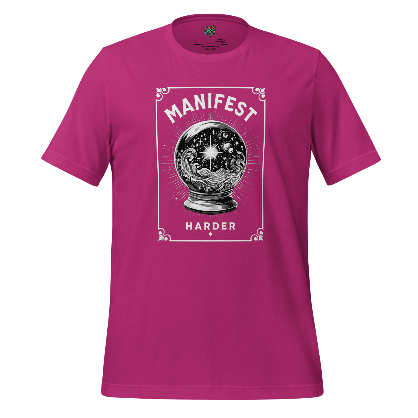Bold text reading “Manifest Harder”  with a crystal ball — sarcastic spiritual burnout design for the mystically frustrated and motivationally unhinged
