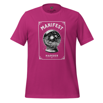 Bold text reading “Manifest Harder”  with a crystal ball — sarcastic spiritual burnout design for the mystically frustrated and motivationally unhinged