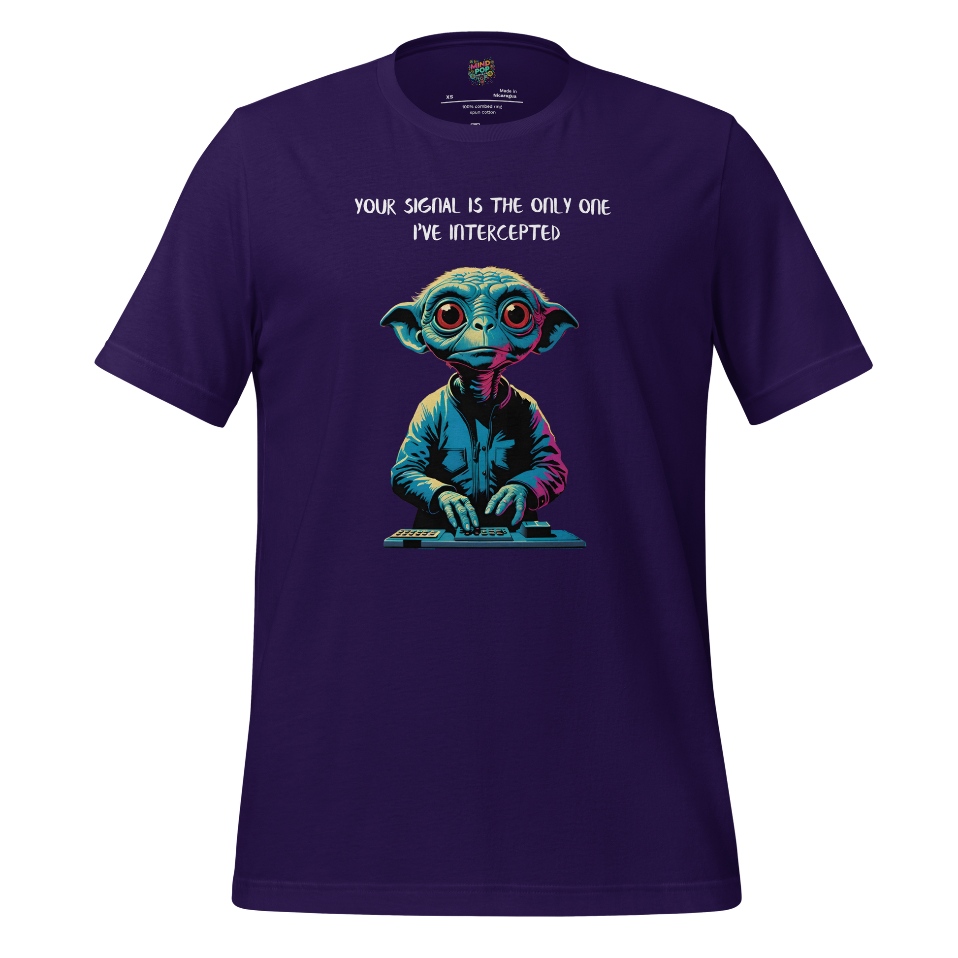 Cartoon alien receiving a heart-shaped signal in a UFO — quirky extraterrestrial love design with sci-fi charm and romantic static
