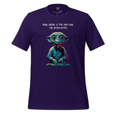 Cartoon alien receiving a heart-shaped signal in a UFO — quirky extraterrestrial love design with sci-fi charm and romantic static

