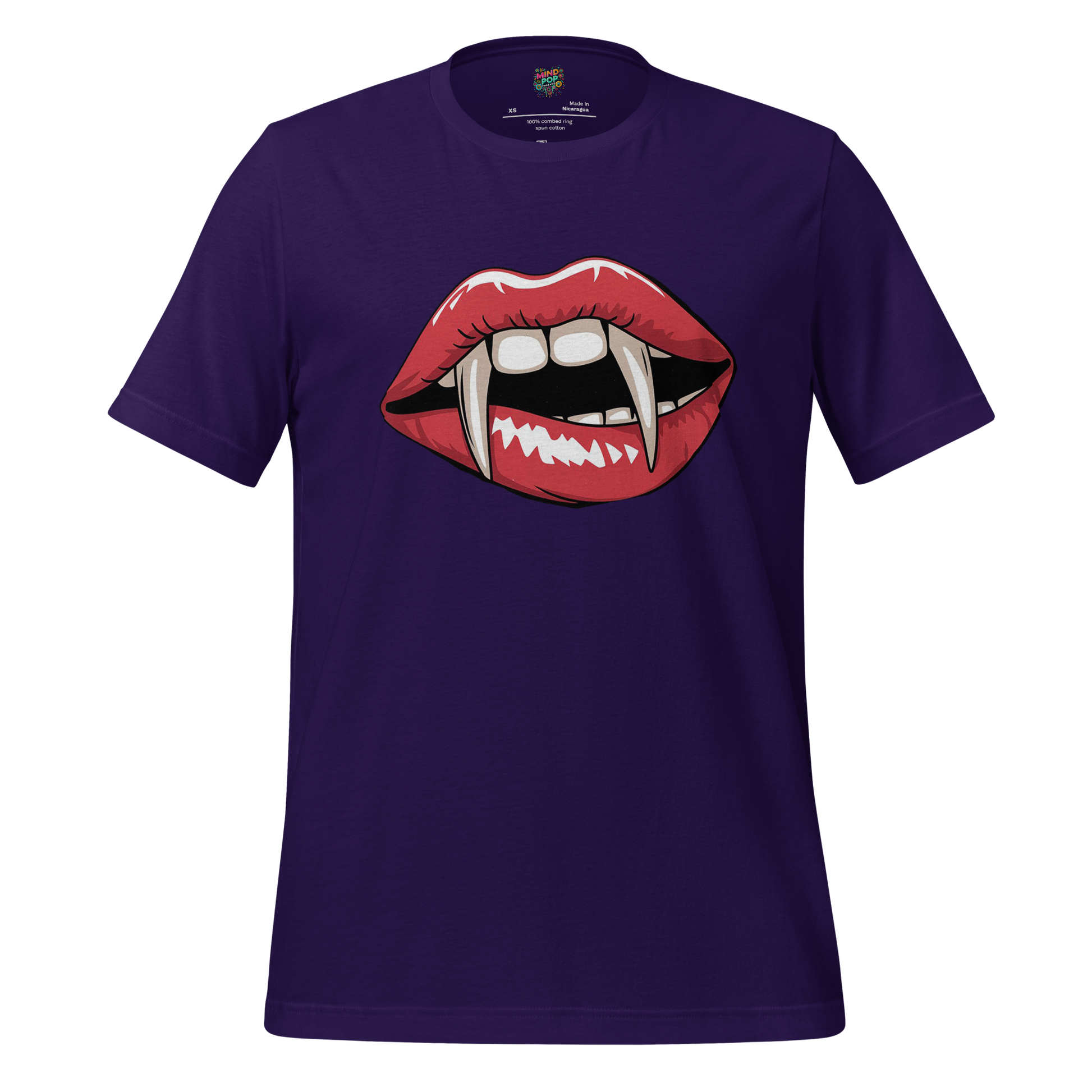 Stylized vampire lips with sharp fangs and dripping blood under the phrase “Midnight Showing” — seductive gothic design with horror movie flair