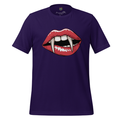 Stylized vampire lips with sharp fangs and dripping blood under the phrase “Midnight Showing” — seductive gothic design with horror movie flair