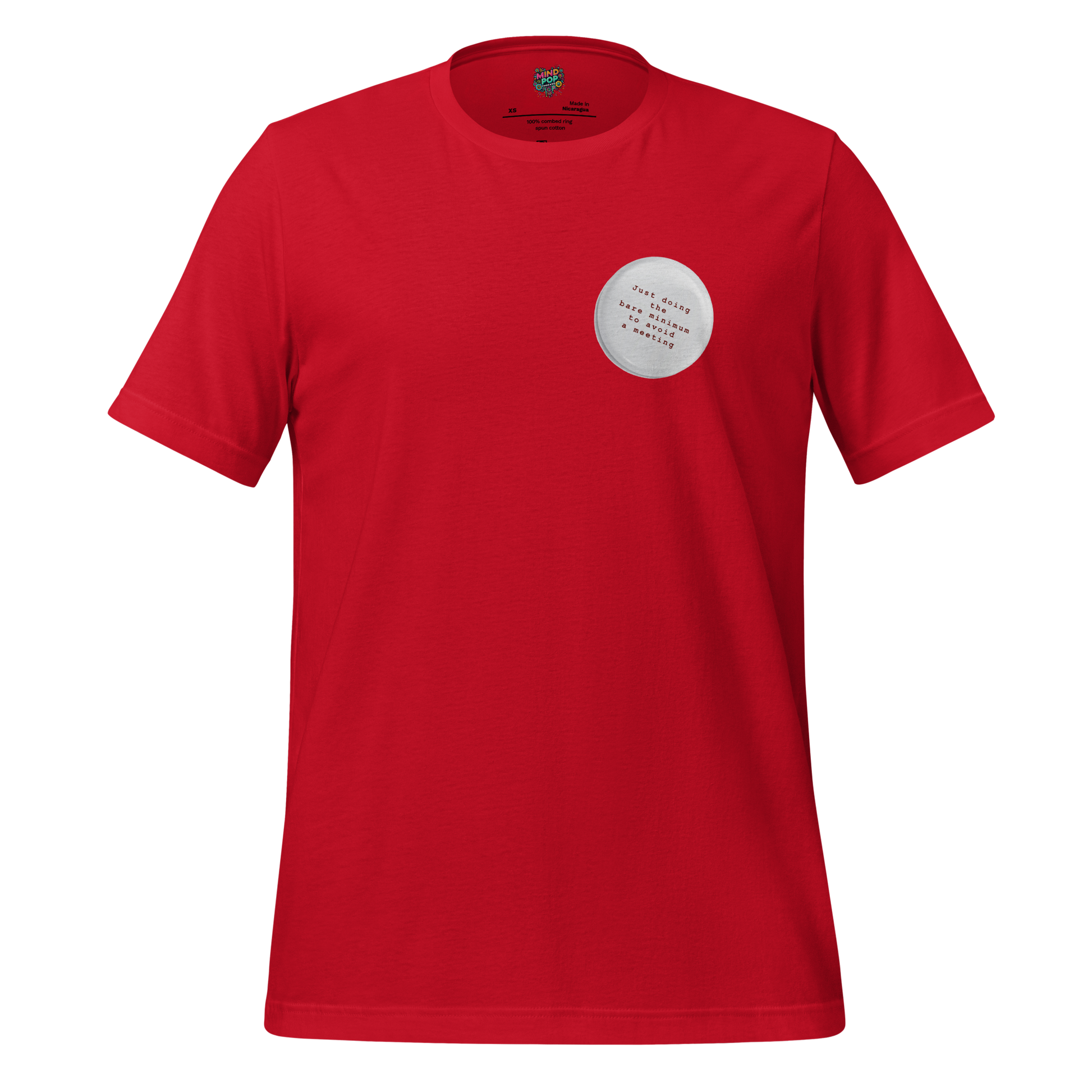 Funny minimalist shirt with a single cartoon pin design, parodying workplace flair requirements with deadpan style
