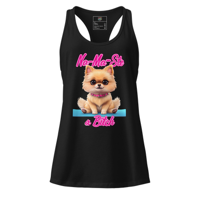 Fitted racerback tank top with cartoon Pomeranian in yoga pose and text “Na-Ma-Stay a Bitch” — funny dog yoga shirt with attitude and fluff

