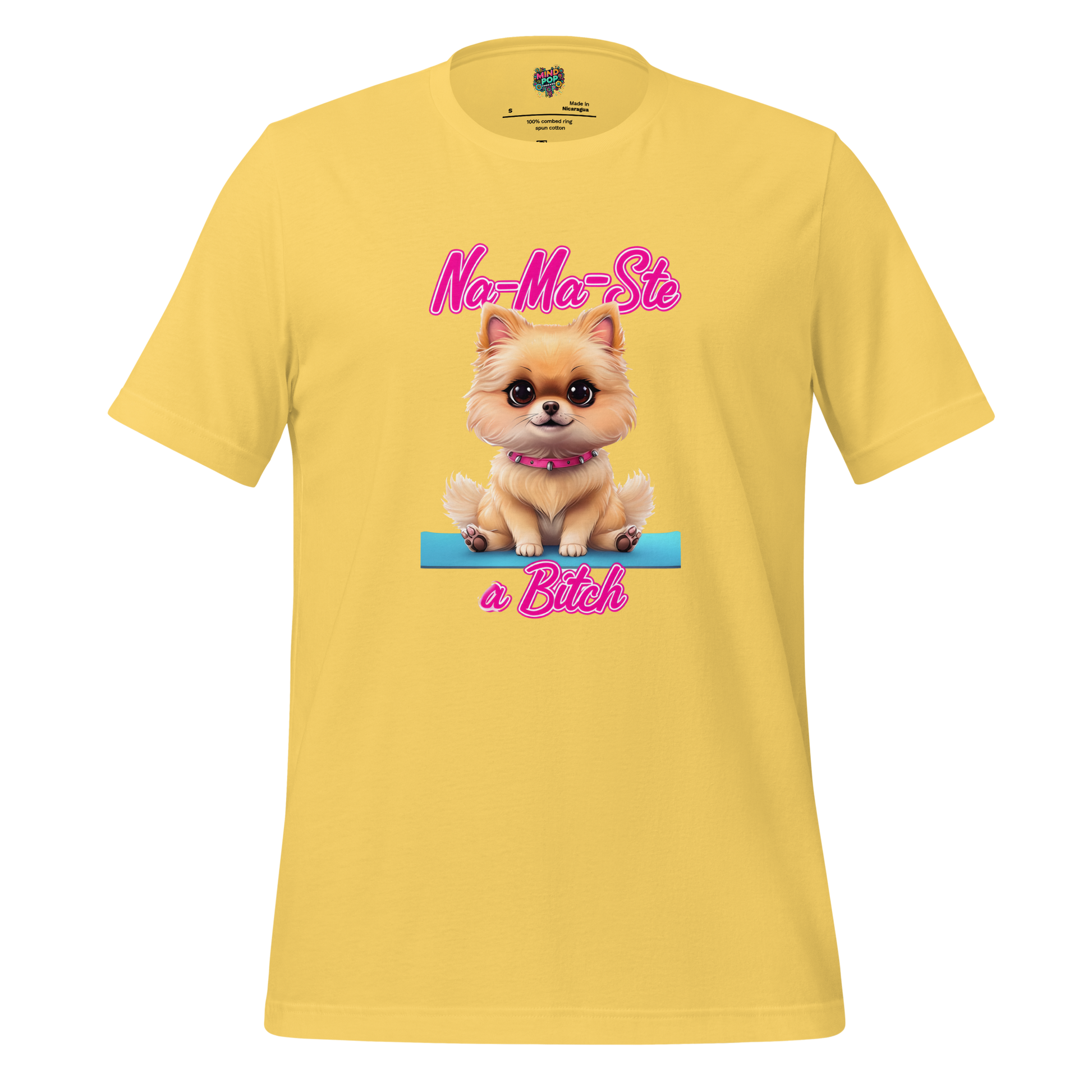 Illustrated cheerleader in yoga pose holding pompoms with bold text “Na-Ma-Ste a Bitch” — snarky fusion of yoga calm and pep squad chaos
