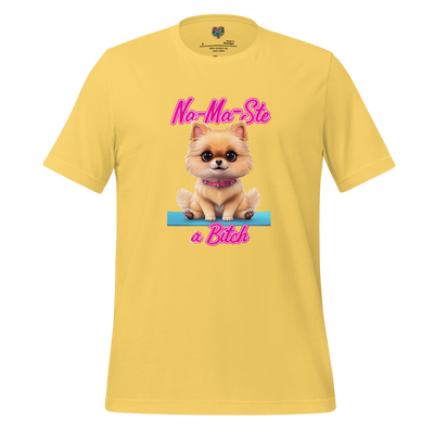 Illustrated cheerleader in yoga pose holding pompoms with bold text “Na-Ma-Ste a Bitch” — snarky fusion of yoga calm and pep squad chaos