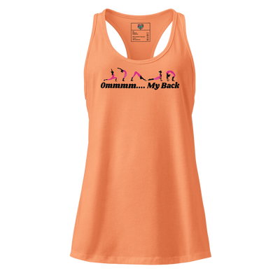 Fitted racerback tank top with the phrase “Ommm... My Back” — funny yoga shirt for sore stretchers, sarcastic yogis, and midlife mindfulness fans

