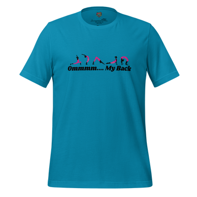 Snarky yoga shirt with retro type reading “Ommm My Back” — perfect for spiritually exhausted midlife stretchers