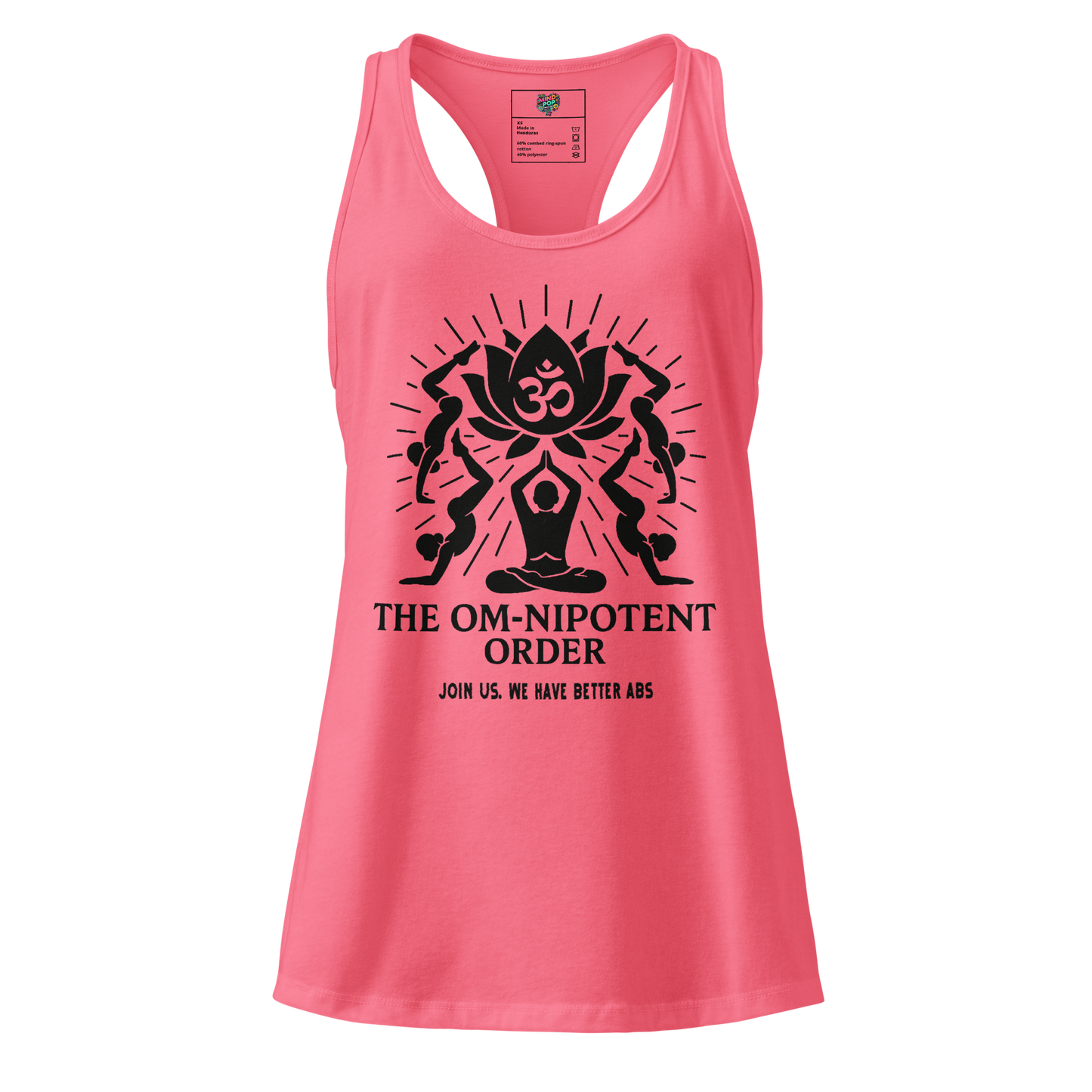 Fitted racerback tank top with “The Omnipotent Order” cult-style logo and snarky tagline — spiritual parody shirt for yoga rebels


