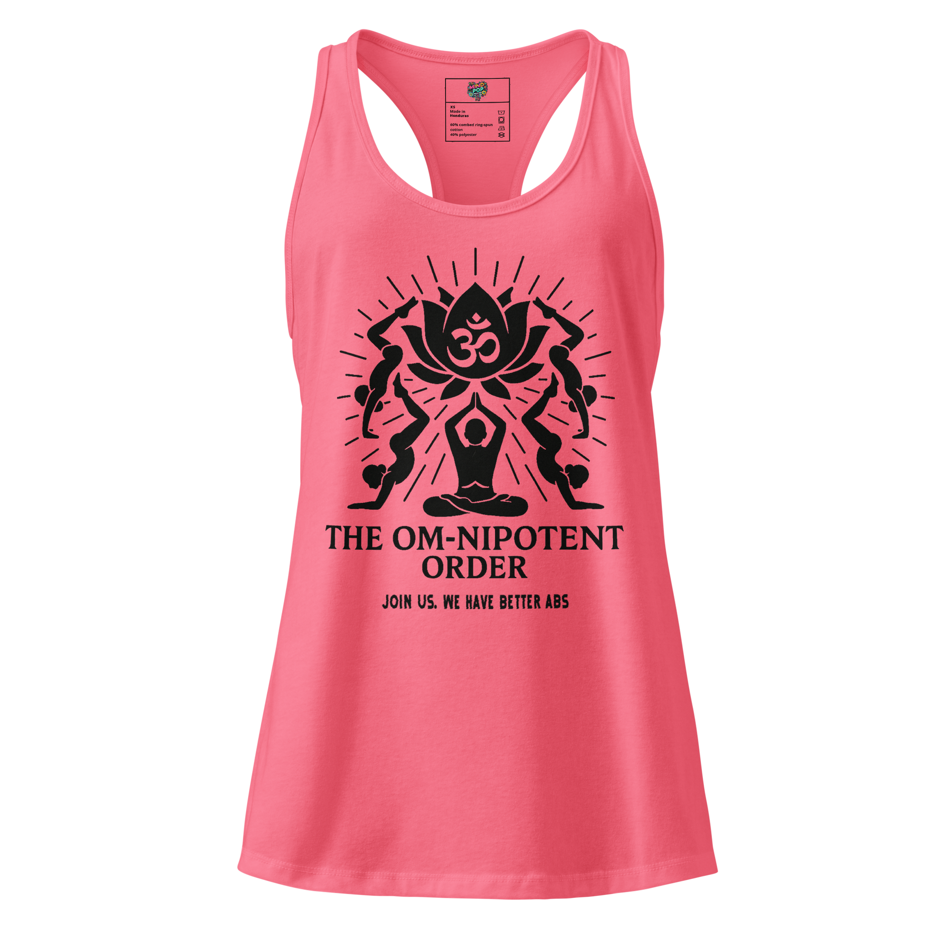 Fitted racerback tank top with “The Omnipotent Order” cult-style logo and snarky tagline — spiritual parody shirt for yoga rebels

