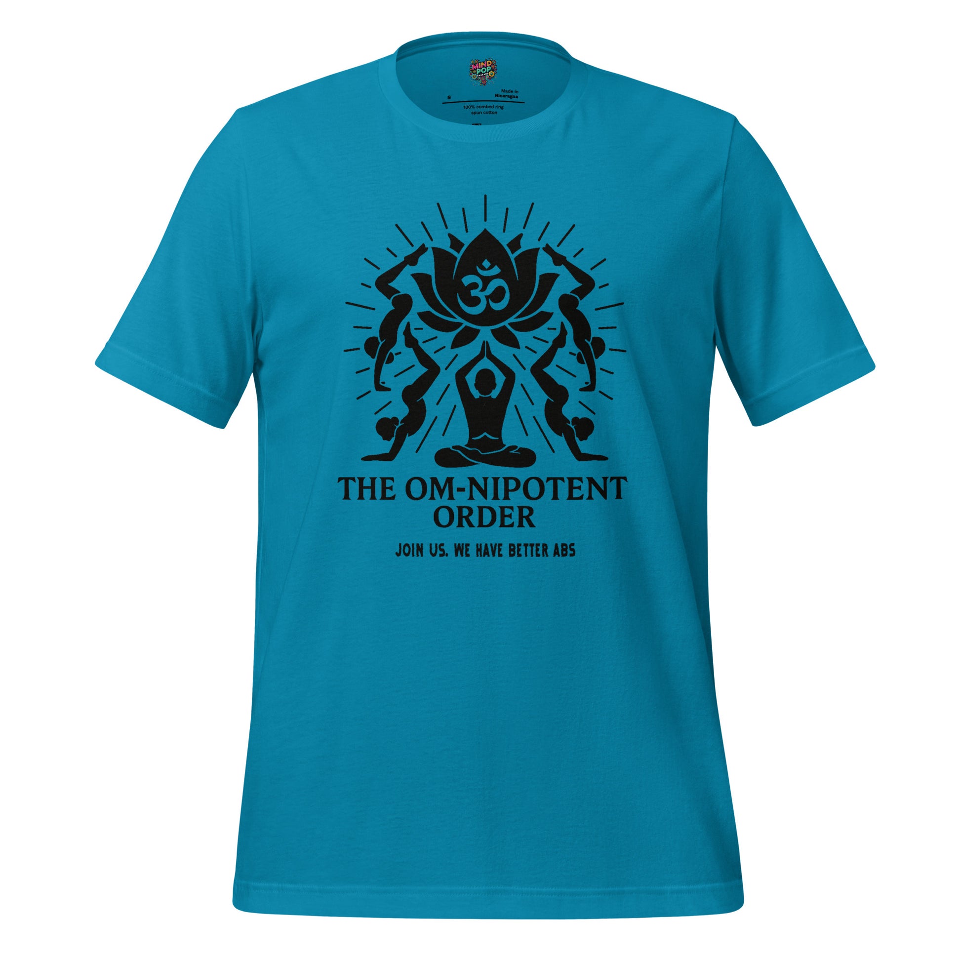 Funny yoga cult shirt with clean logo design and the phrase “Om-nipotent Order: Join us. We have better abs.” — perfect for sarcastic spiritualists and fit-ish followers
