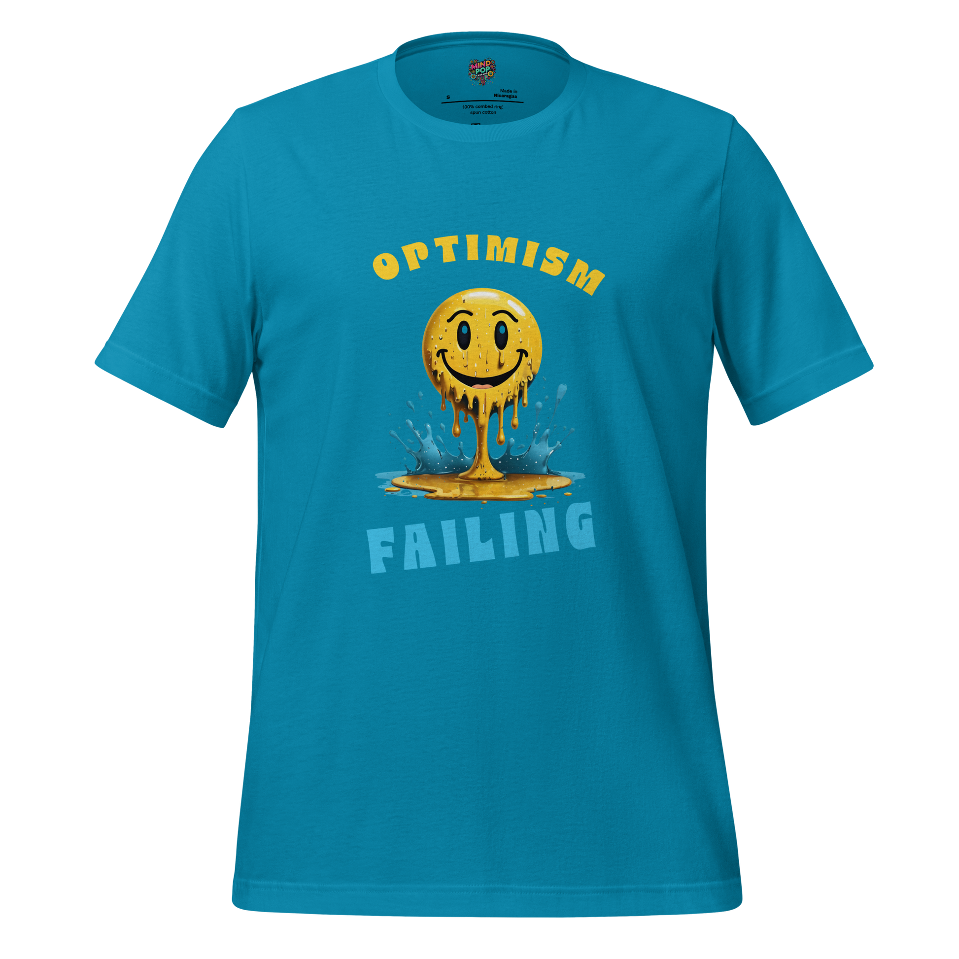 Text design reading “Optimism Failing” with melting smiley face , moody style — perfect for introverts and existential doom scrollers faking inner peace

