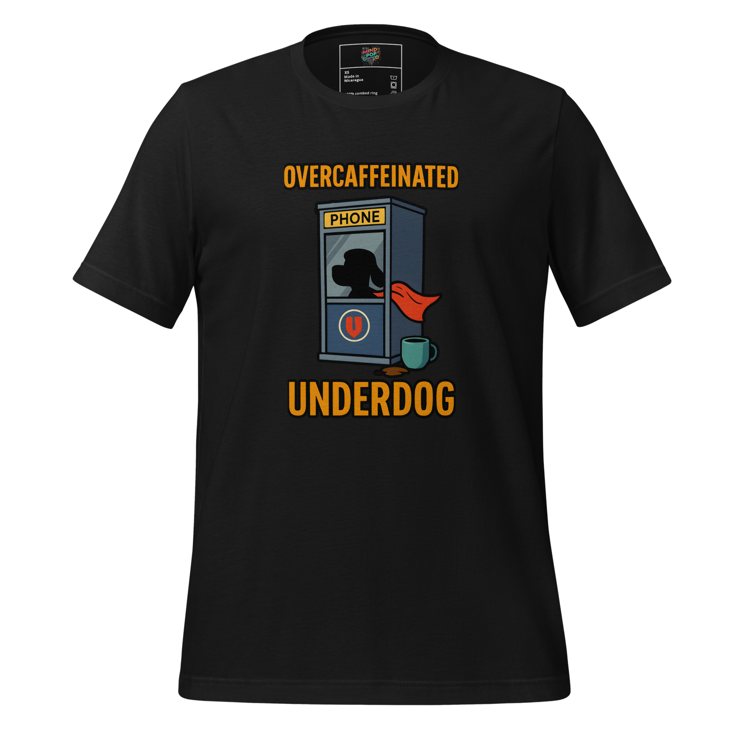 Funny dog shirt featuring a heroic beagle silhouette in front of a phone booth, with cape trailing and coffee cup nearby — text reads “Overcaffeinated / Underdog”