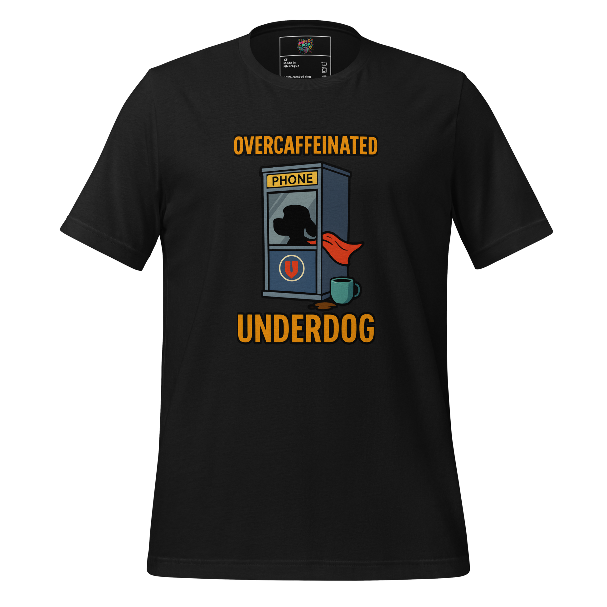 Funny dog shirt featuring a heroic beagle silhouette in front of a phone booth, with cape trailing and coffee cup nearby — text reads “Overcaffeinated / Underdog”