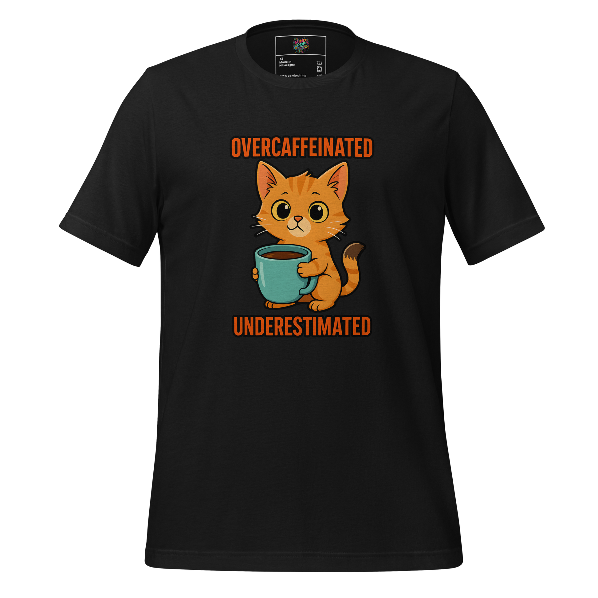 Funny cat shirt featuring a determined caffeinated kitty with intense eyes and messy fur, text reads “Overcaffeinated / Underestimated” — great for comeback queens and underestimated office heroes
