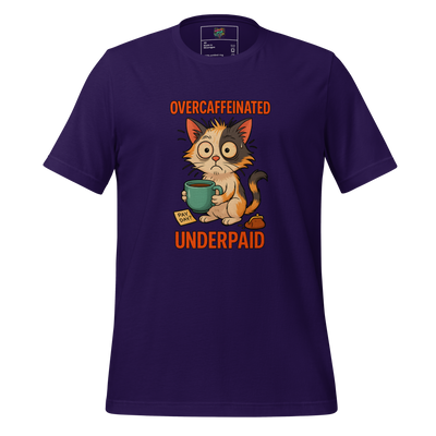 Funny office cat shirt with frazzled kitty gripping a giant coffee cup, text reads “Overcaffeinated / Underpaid” — perfect for work-weary caffeine addicts