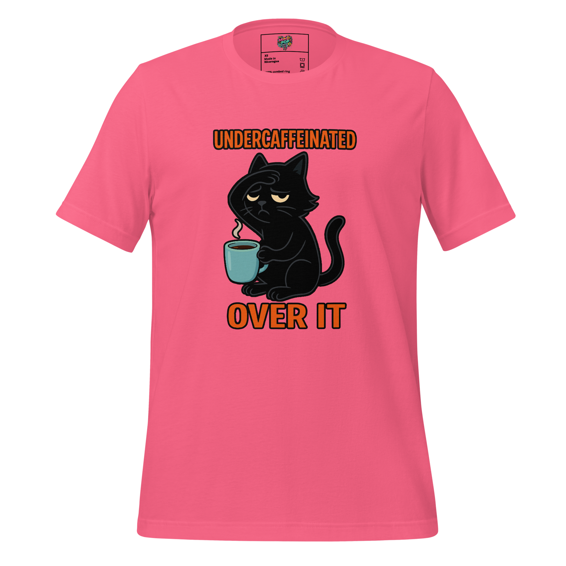 Grumpy cartoon cat with coffee cup and deadpan expression — burnout design for the emotionally unavailable and caffeine-dependent
