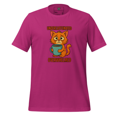 Funny cat shirt with wide-eyed overwhelmed kitty surrounded by paperwork and chaos — perfect for stressed-out humans and emotionally fried introverts