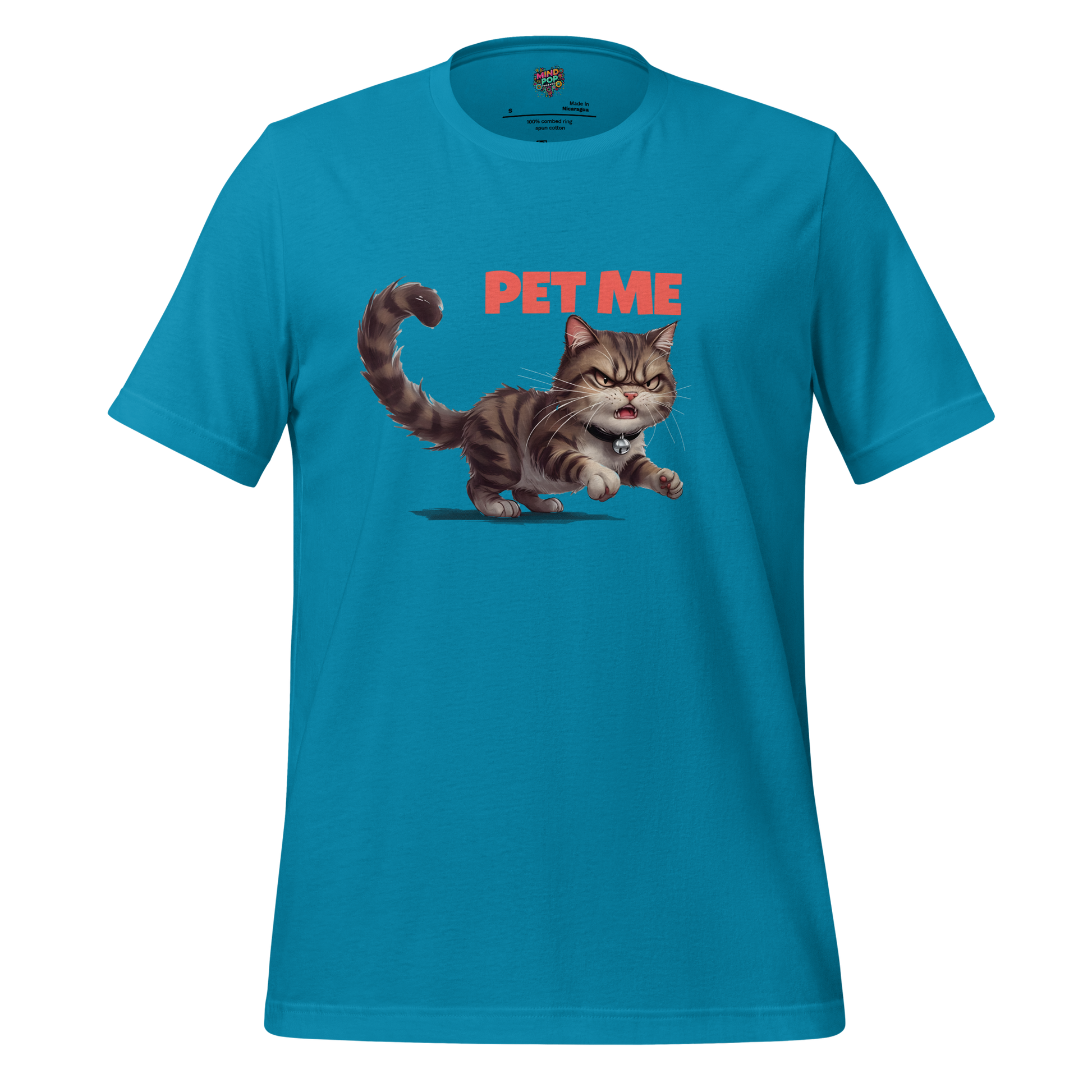 Funny cat shirt featuring a grumpy cartoon cat with narrowed eyes and the phrase “Pet Me” — sarcastic tee for emotionally unpredictable introverts and feline fans