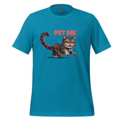 Funny cat shirt featuring a grumpy cartoon cat with narrowed eyes and the phrase “Pet Me” — sarcastic tee for emotionally unpredictable introverts and feline fans