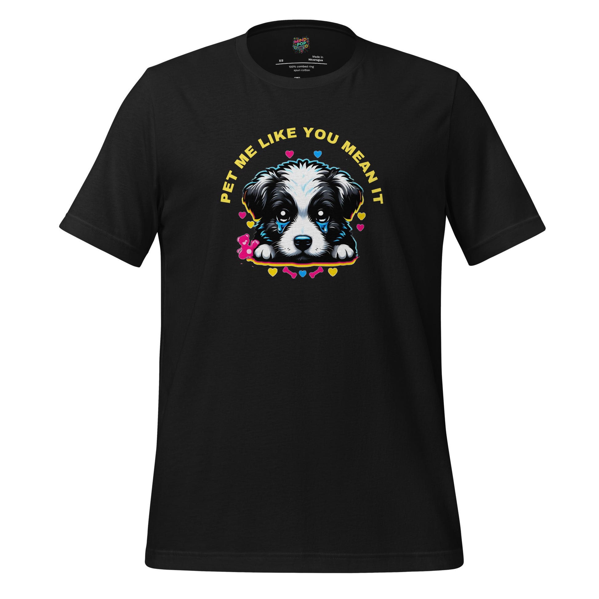 Funny dog shirt with cartoon puppy and the phrase “Pet Me Like You Mean It” — adorable tee for affectionate dog lovers and clingy pet parents