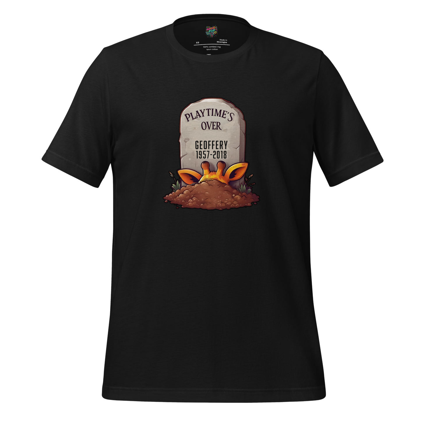 Vintage-style shirt with a cartoon tombstone reading “Playtime’s Over” and a faded toy store logo — nostalgic tee for Gen X and Millennials mourning lost childhood