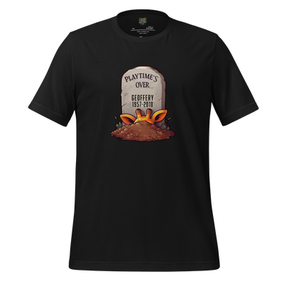 Vintage-style shirt with a cartoon tombstone reading “Playtime’s Over” and a faded toy store logo — nostalgic tee for Gen X and Millennials mourning lost childhood