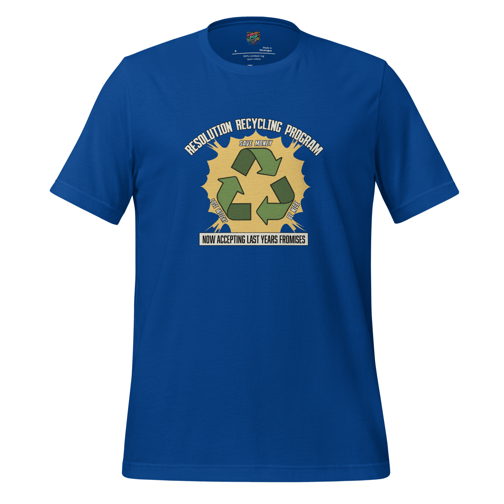 Parody of the “Reduce, Reuse, Recycle” symbol with text swapped to “Reduce, Reuse, Regret” — funny New Year shirt poking fun at broken resolutions
