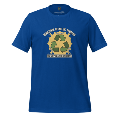 Parody of the “Reduce, Reuse, Recycle” symbol with text swapped to “Reduce, Reuse, Regret” — funny New Year shirt poking fun at broken resolutions
