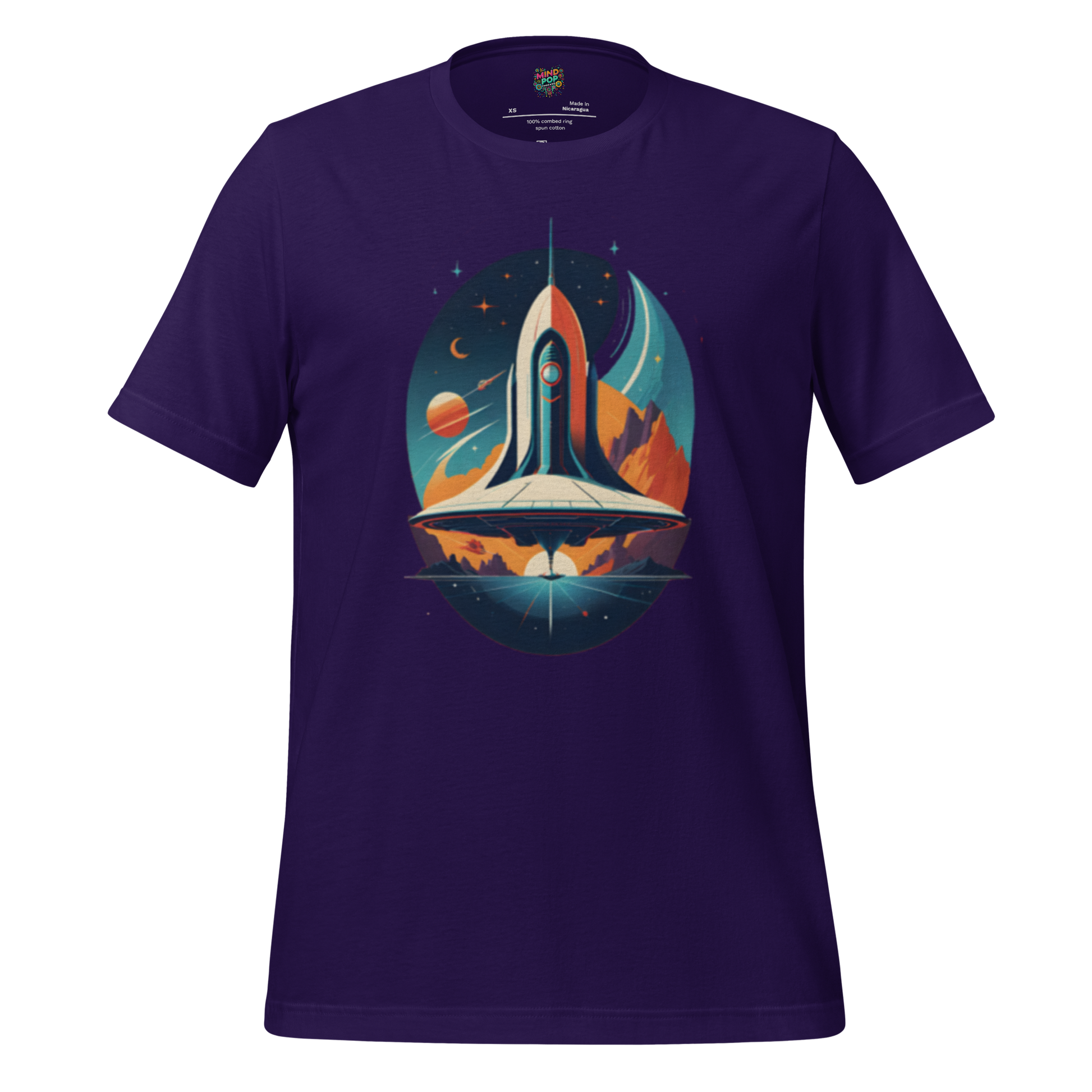 Graphic-only retro rocket shirt inspired by 1930s–40s pulp comics — bold vintage-style spaceship design with classic space adventure vibes